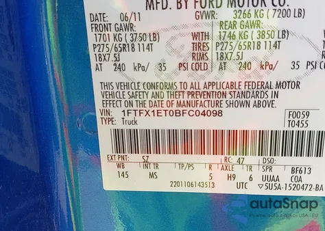 2011 Ford F-150 Xlt из США, поврежденный, VIN 1FTFX1ET0BFC04098